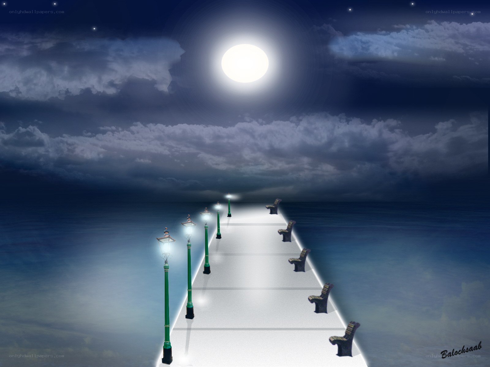 Moonlit pier at night