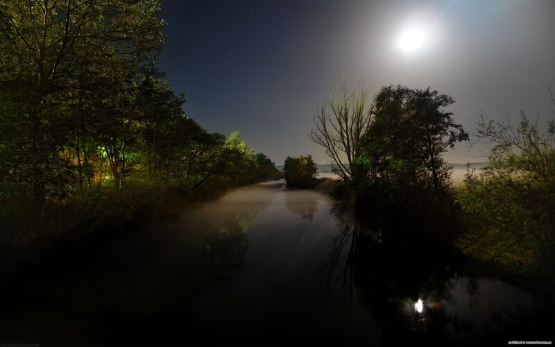Moonlit river at night
