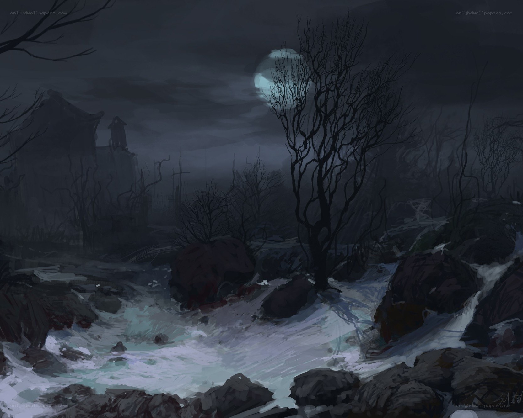 Moonlit river at night