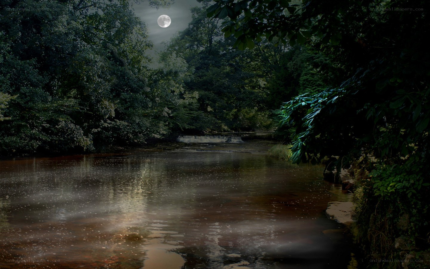 Moonlit river at night