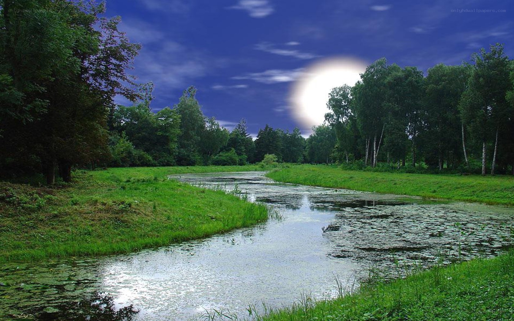 Moonlit river at night