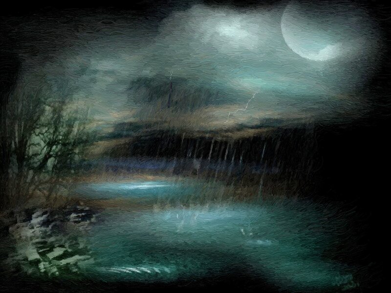 Moonlit River at Night — Green, Dark