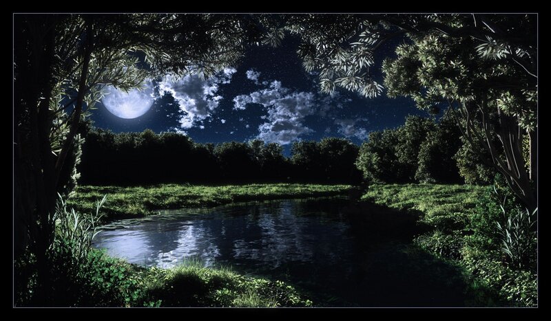 Moonlit River at Night — Green
