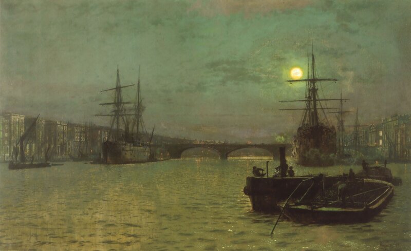 Moonlit River Harbor Scene