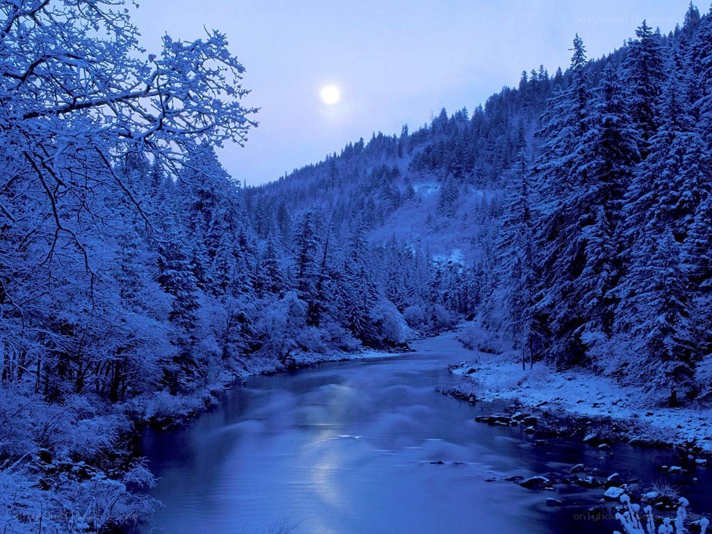 Moonlit river in snowy forest