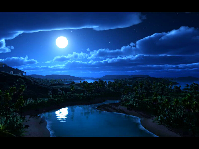 Moonlit River Landscape — Blue