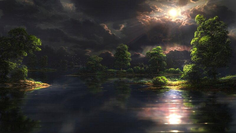 Moonlit River Landscape — Dark Blue