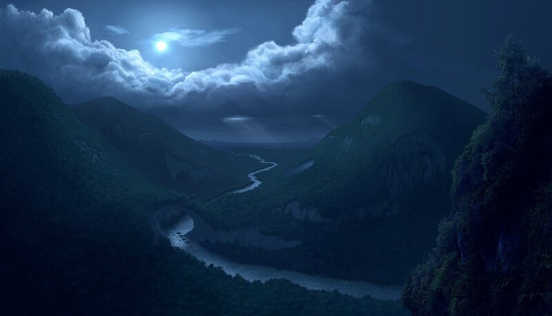 Moonlit river valley at night