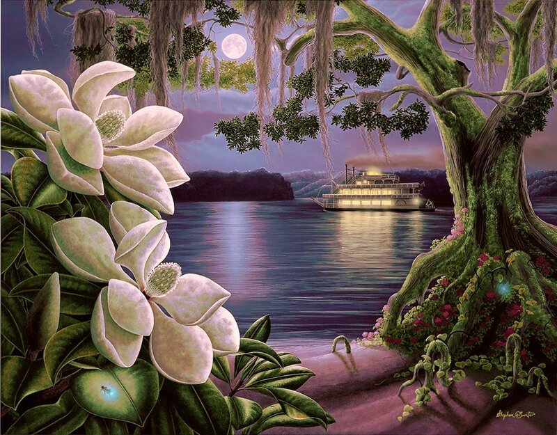 Moonlit river with magnolias