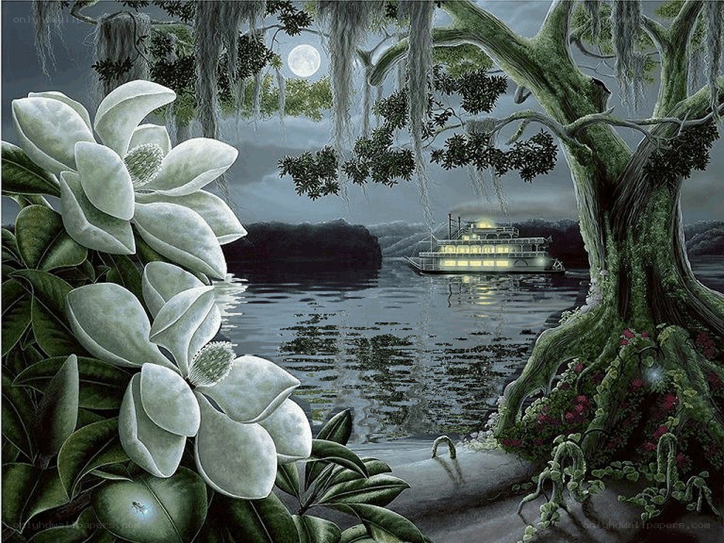 Moonlit river with magnolias