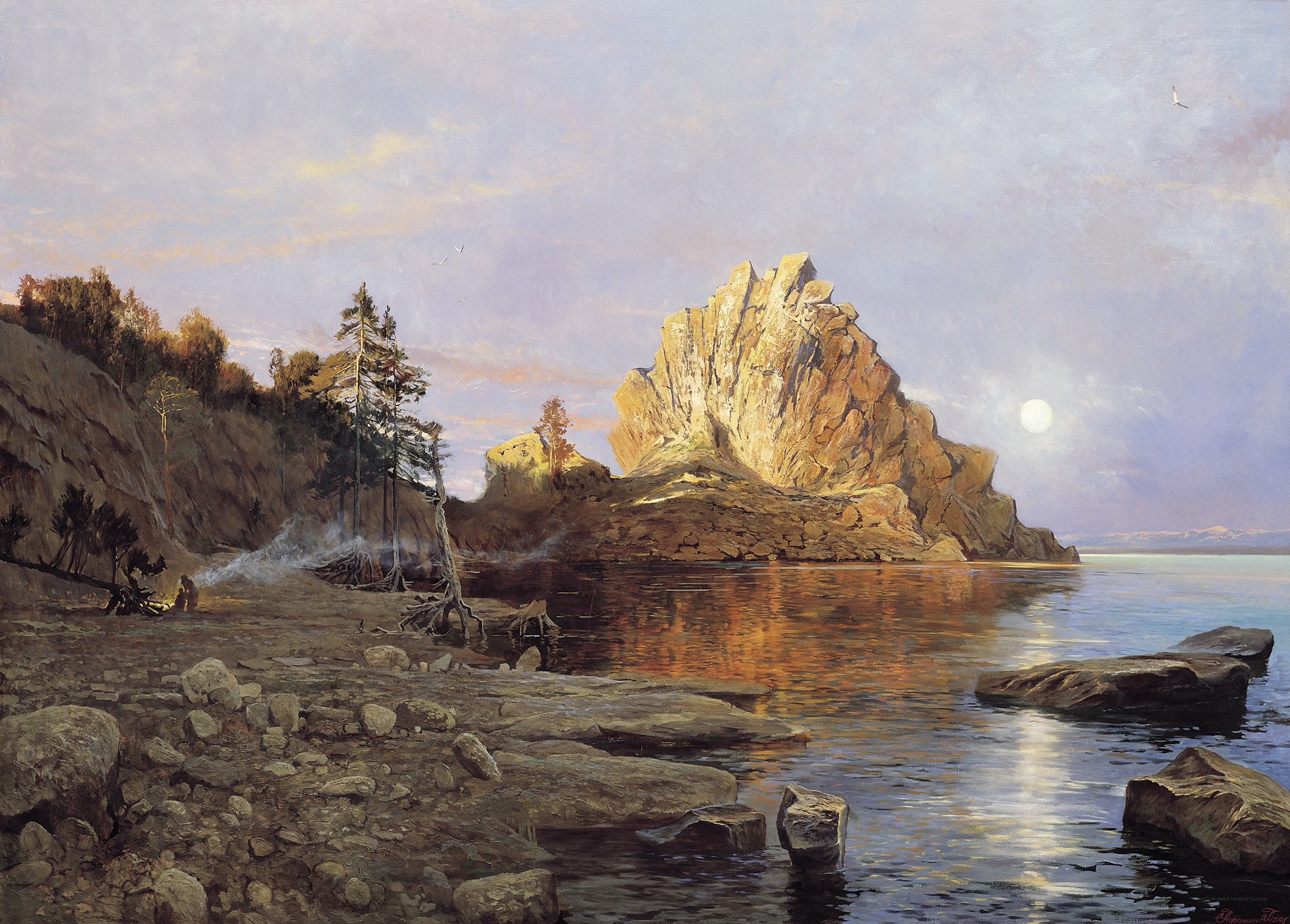 Moonlit Rock by the Lake