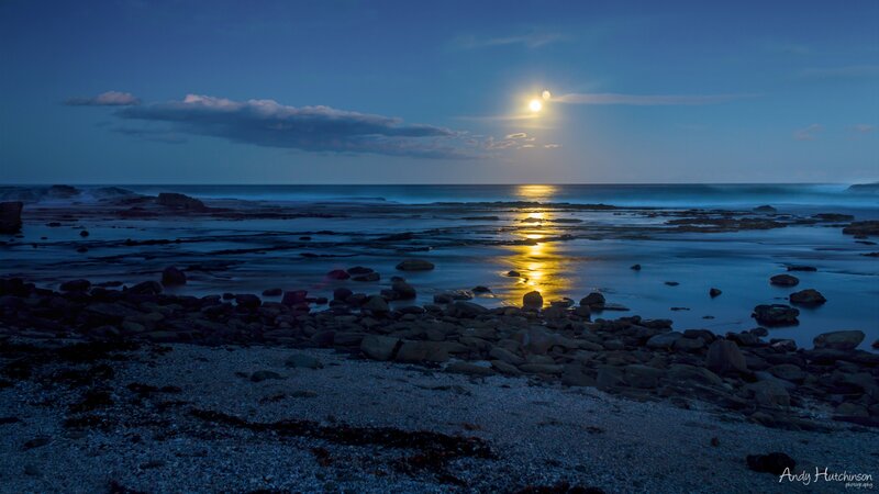 Moonlit Rocky Beach — Blue, Serene, Night, Photograph