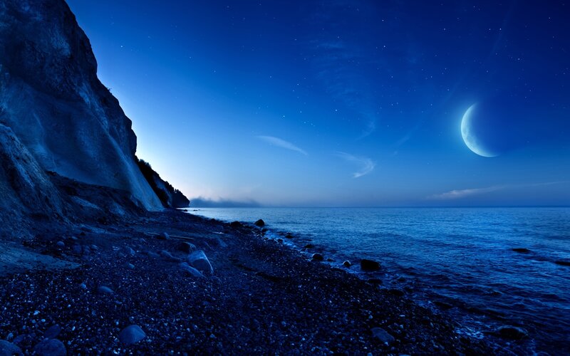 Moonlit Rocky Beach — Blue, Serene