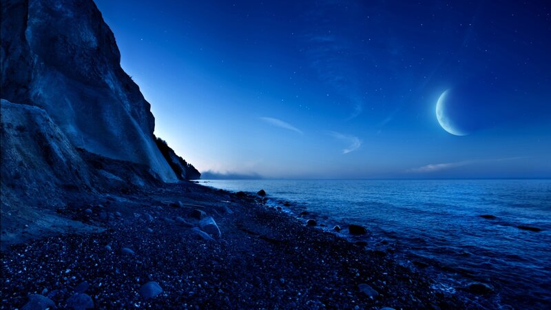 Moonlit Rocky Beach — Blue