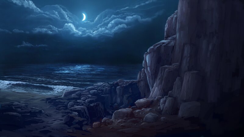 Moonlit Rocky Coastline — Blue, Serene, Night, Digital Art