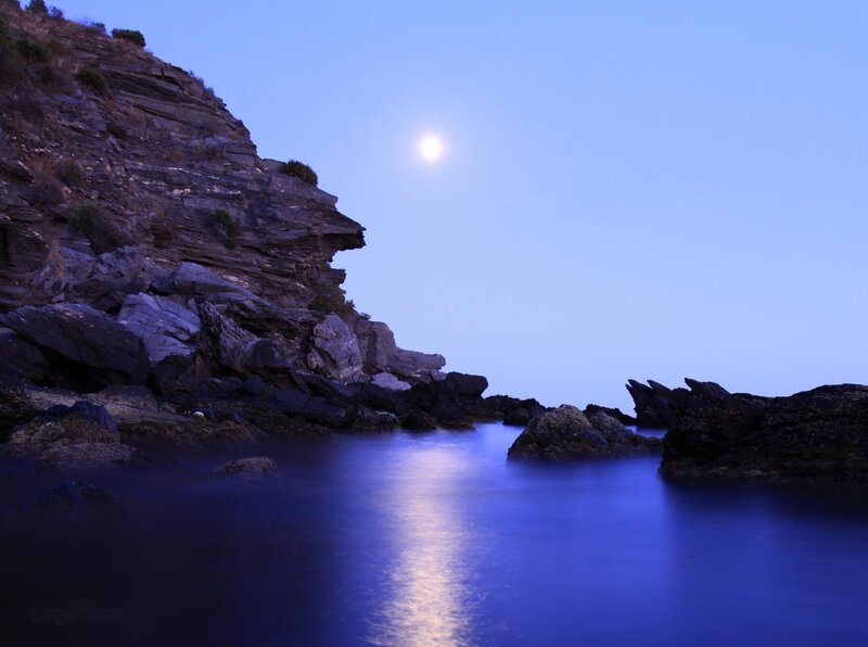 Moonlit Rocky Coastline — Blue, Serene