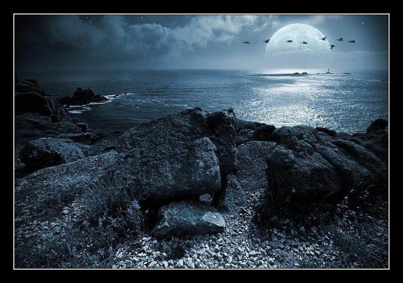 Moonlit Rocky Coastline — Blue