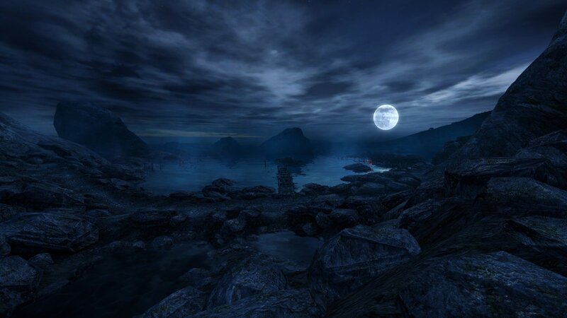 Moonlit rocky lake at night