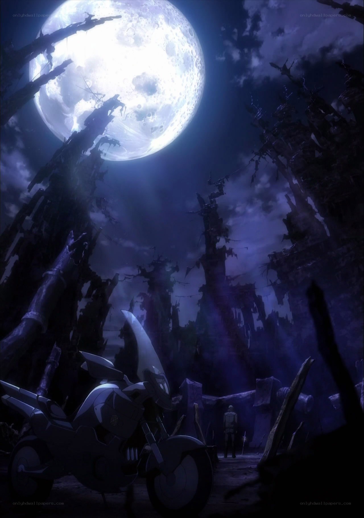 Moonlit ruins and motorcycle