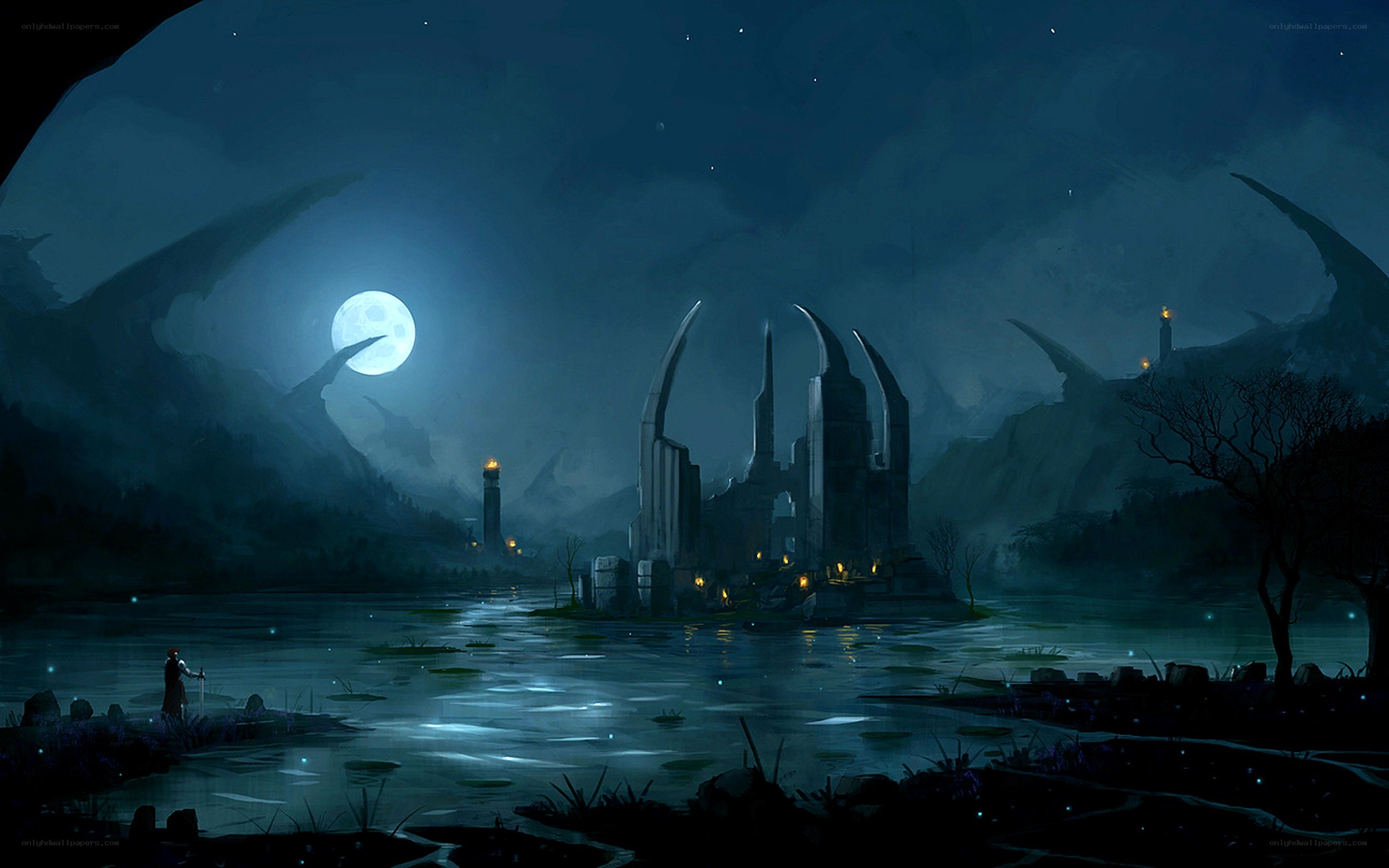 Moonlit ruins by a lake