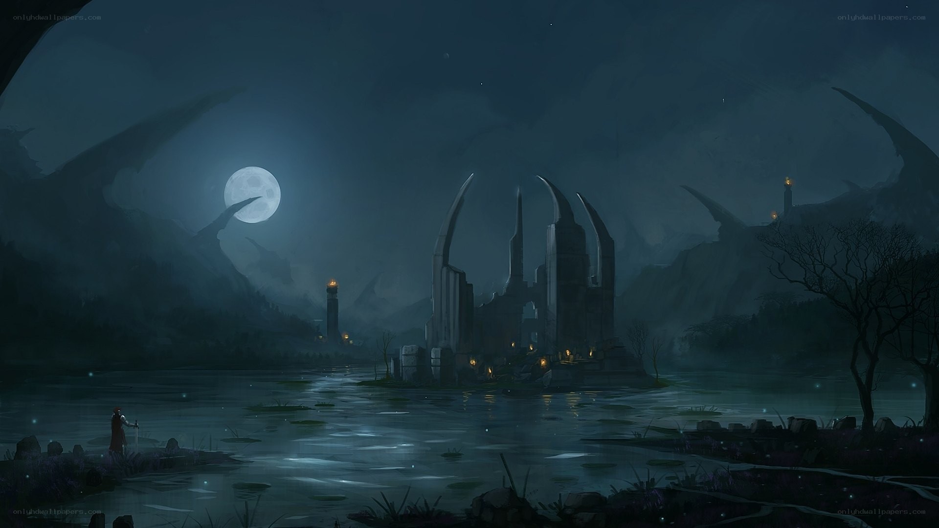 moonlit ruins by the lake