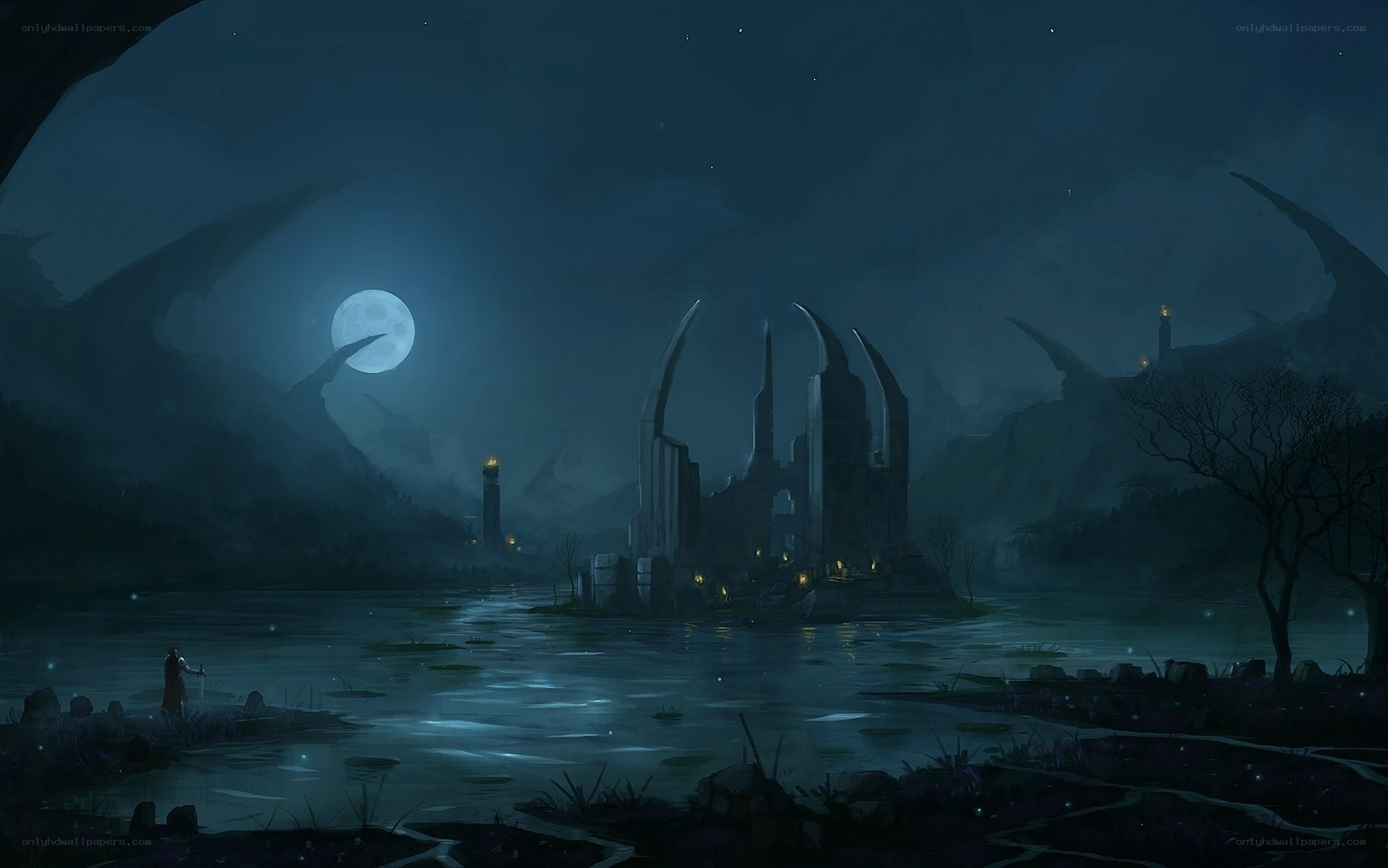moonlit ruins by the lake
