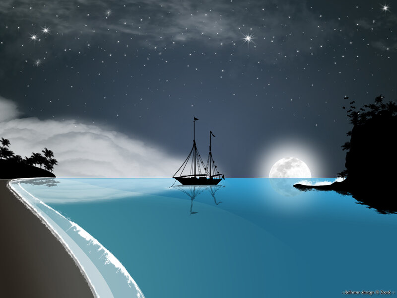Moonlit sailboat on calm sea