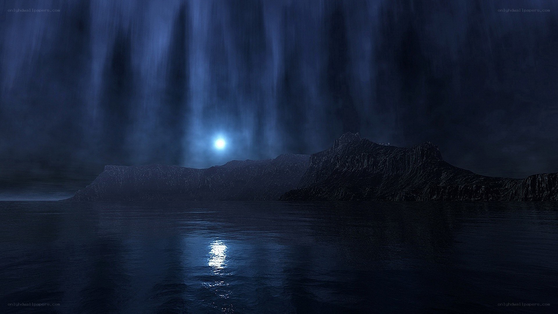Moonlit sea and mountains