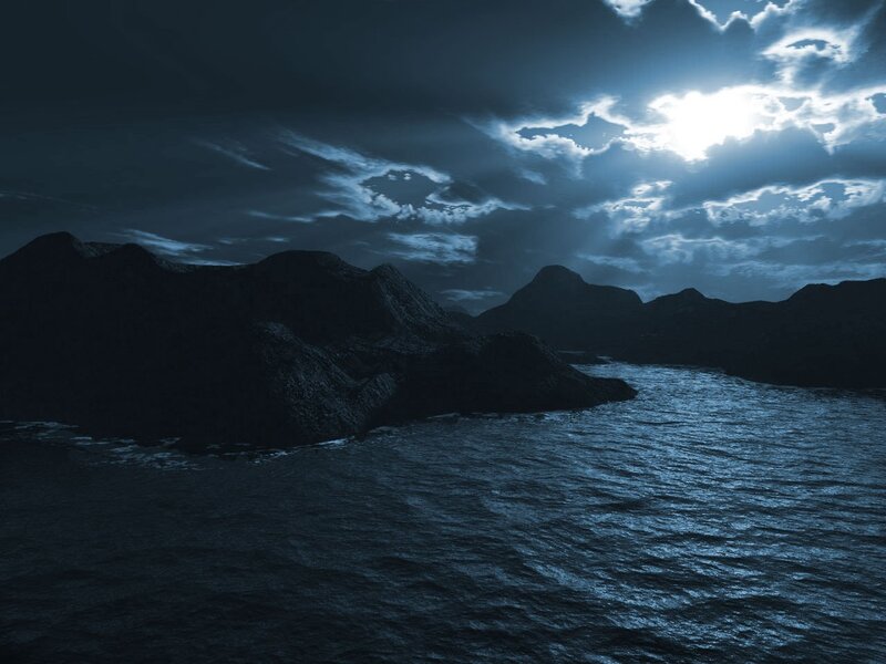 Moonlit sea and mountains