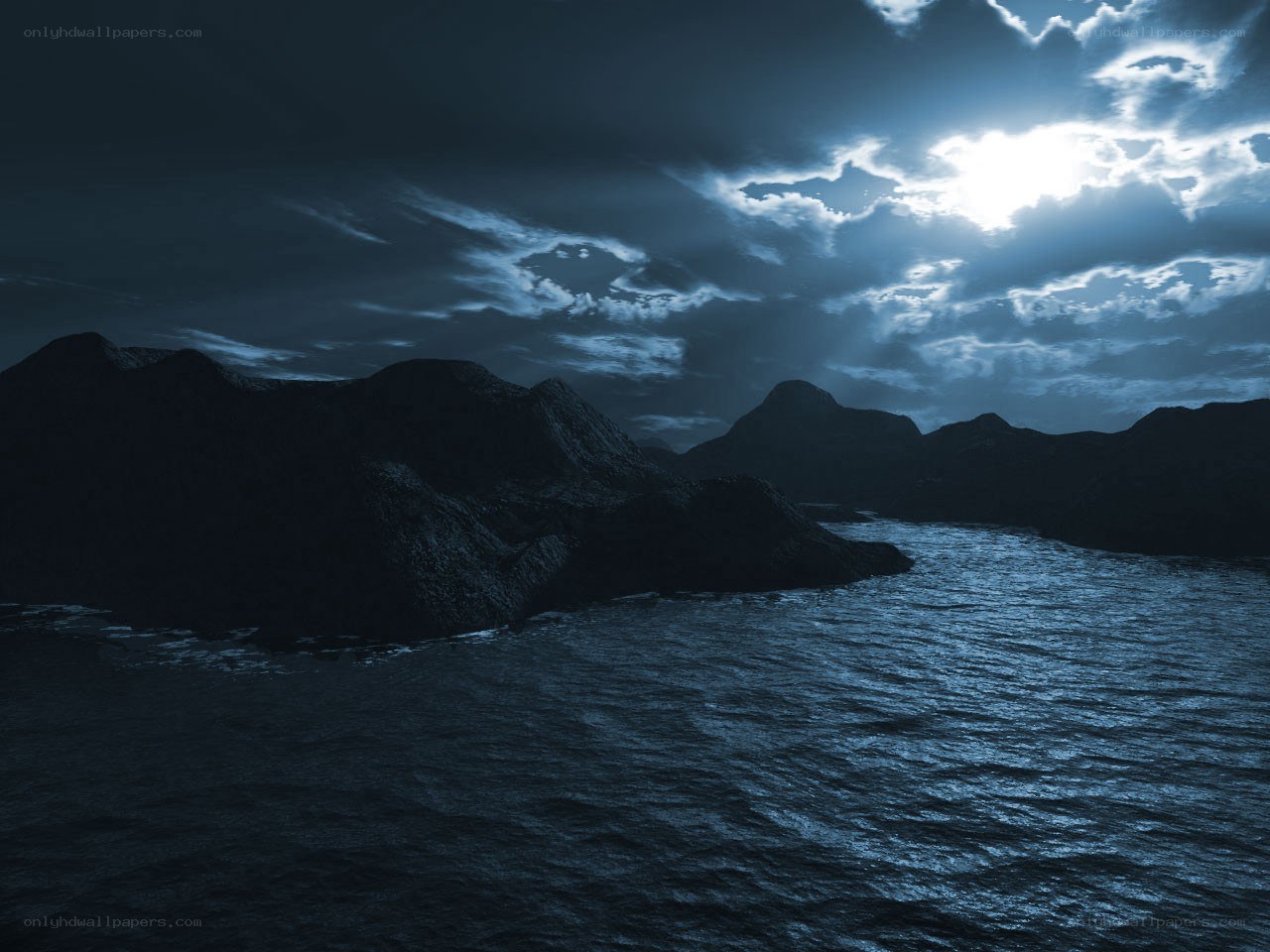 Moonlit sea and mountains