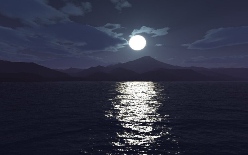 Moonlit Sea and Mountains — Blue, Serene, Night