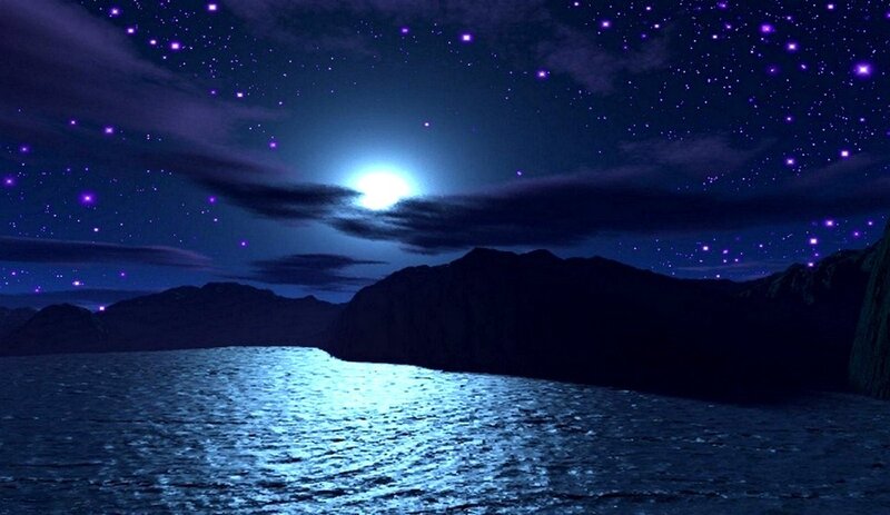 Moonlit Sea and Mountains — Blue, Serene