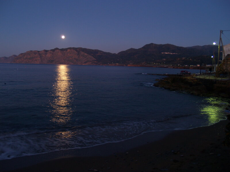 Moonlit Sea at Night — Blue, Serene, Photograph, Mountains