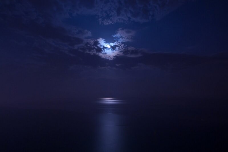 Moonlit Sea at Night — Blue, Serene, Photograph