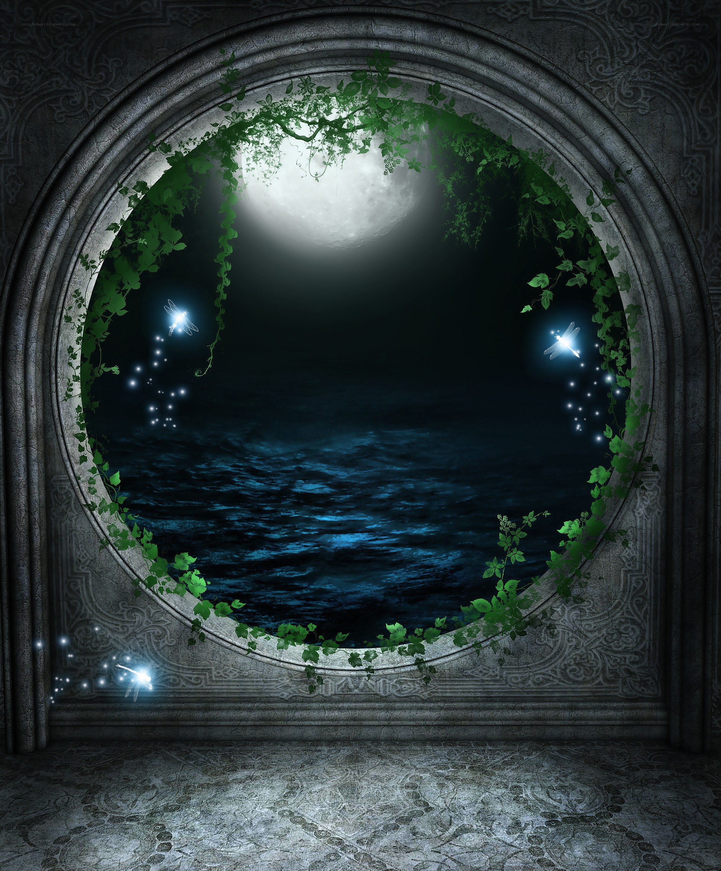 moonlit sea through stone arch