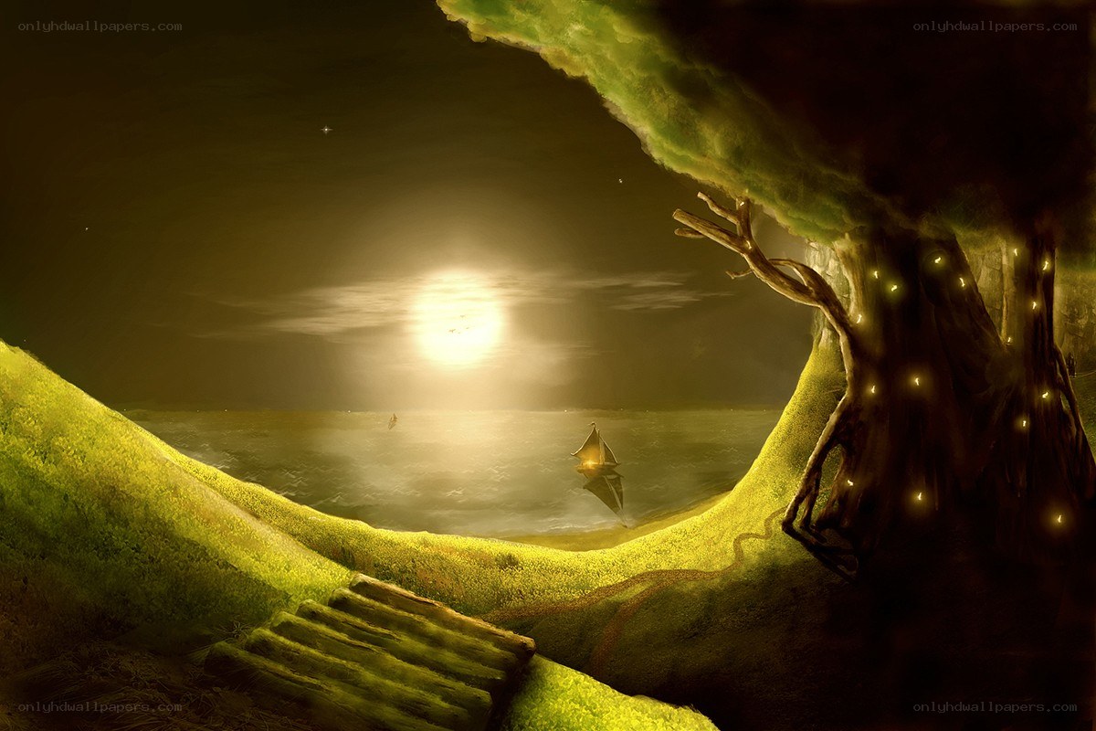 Moonlit sea under a giant tree