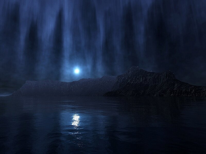 Moonlit sea with mountains