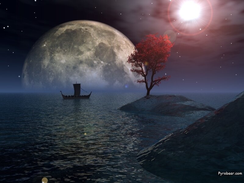 Moonlit sea with red tree