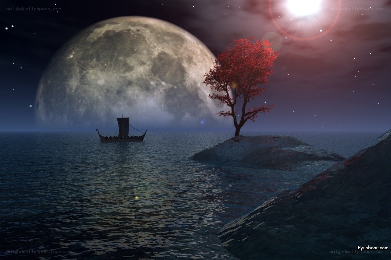 Moonlit sea with red tree