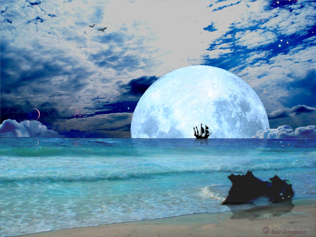Moonlit sea with sailing ship