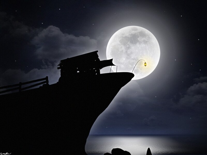 Moonlit ship silhouette