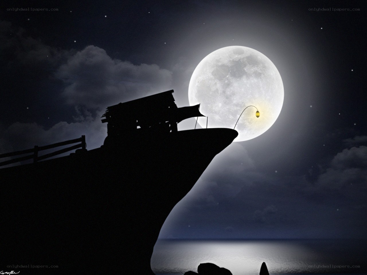 Moonlit ship silhouette