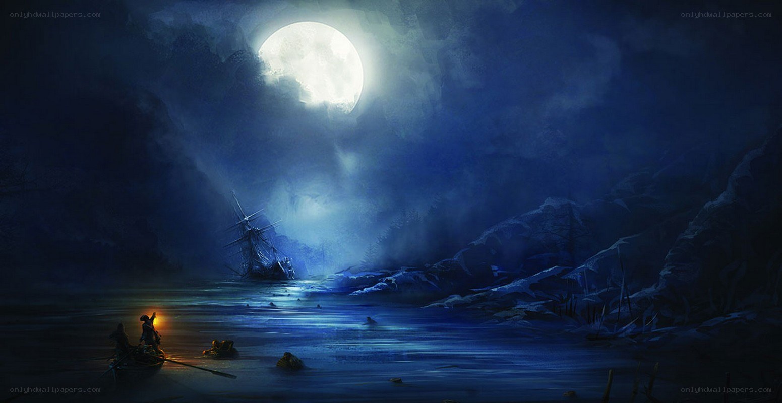 Moonlit shipwreck at night