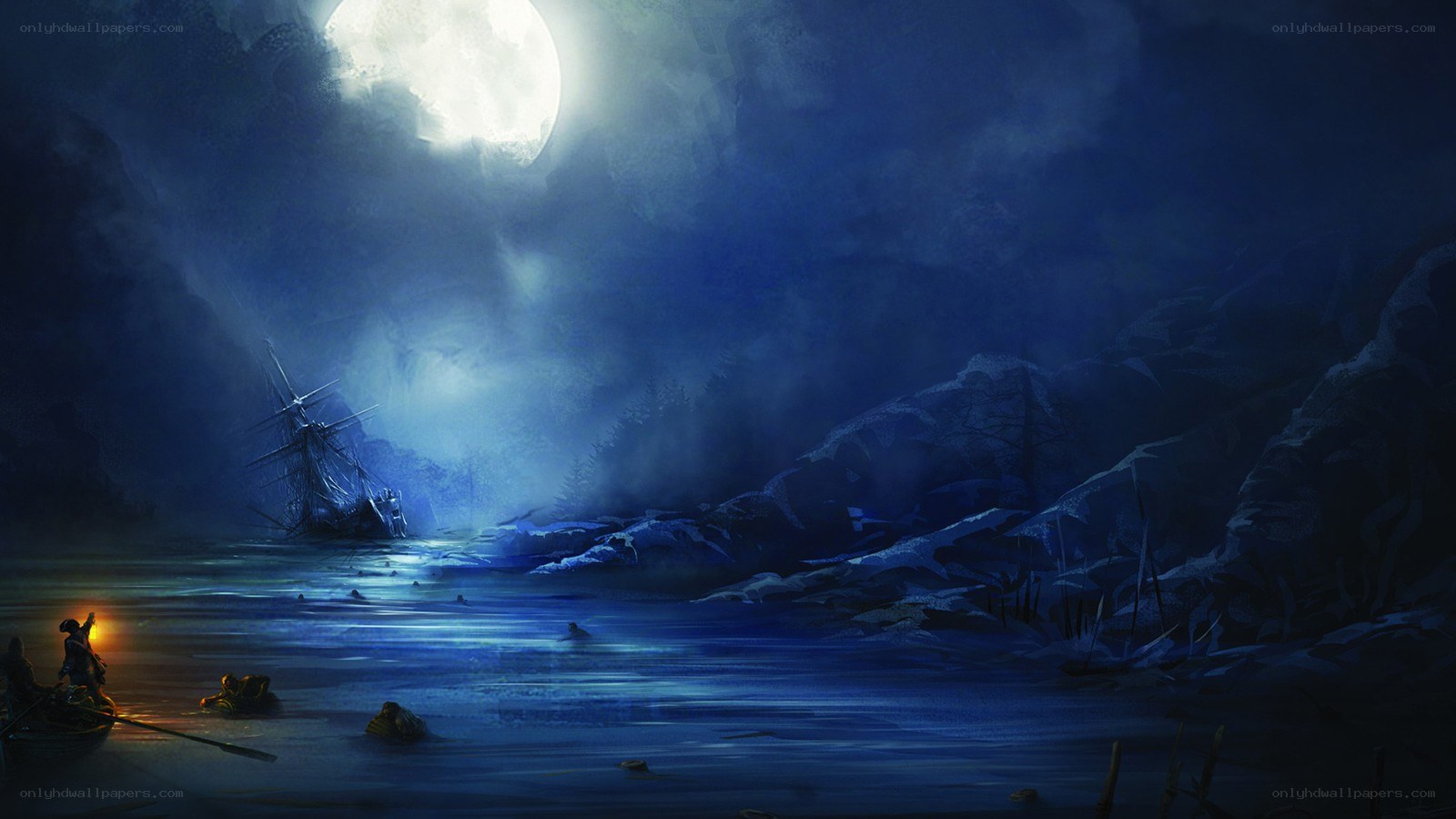 Moonlit shipwreck at night