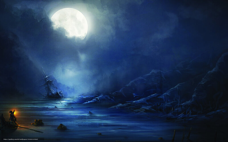 Moonlit shipwreck at sea