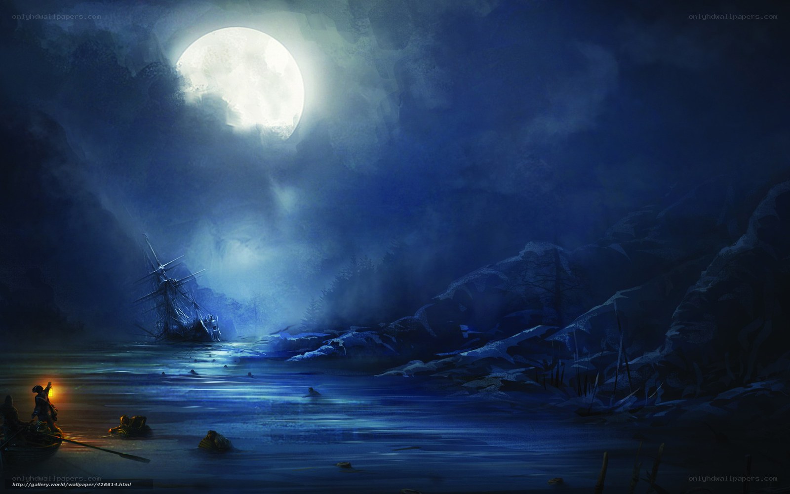 Moonlit shipwreck at sea