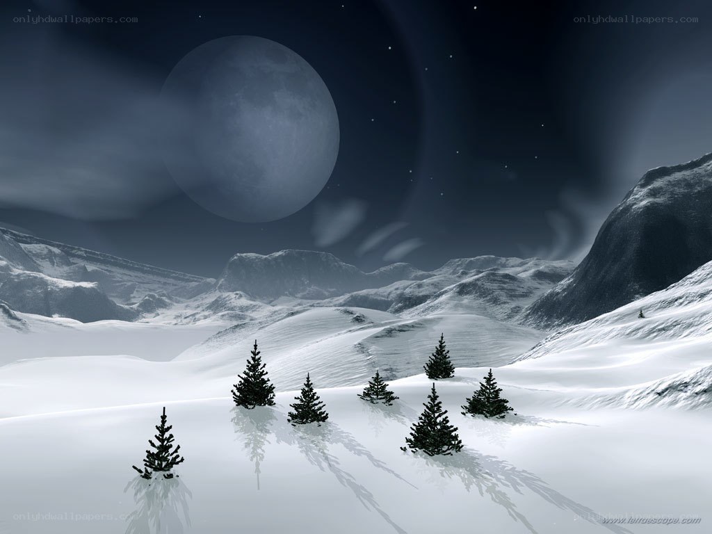 Moonlit snowy mountain landscape