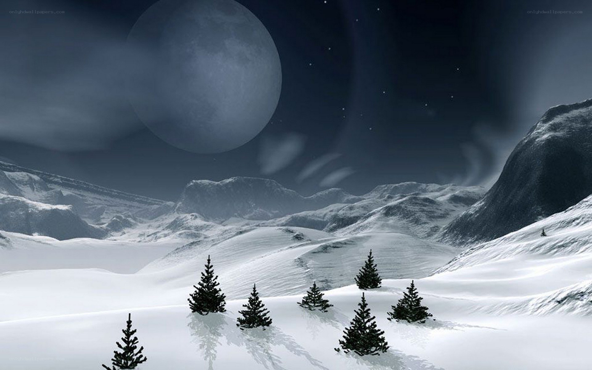 Moonlit snowy mountain landscape