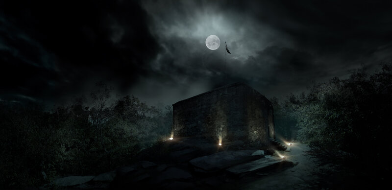 Moonlit stone tower at night