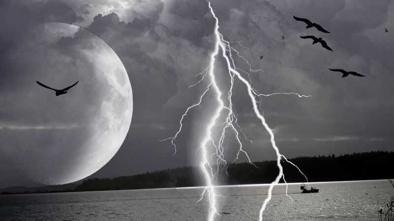 Moonlit storm over a lake